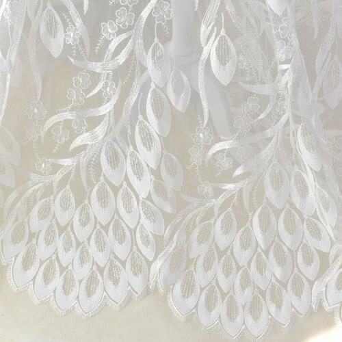 1Y/Lot Peacock Feather Eyelash Sequin Embroidery Lace Fabric Hight Quality Wedding Dress Decoration Mesh Fabric