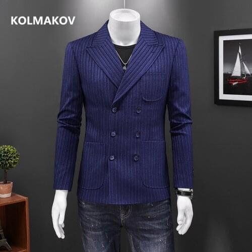 2021 new arrival Double Breasted stripe bule blazer high quality smart suits men,mens casual blazers,mens jacket size S-5XL