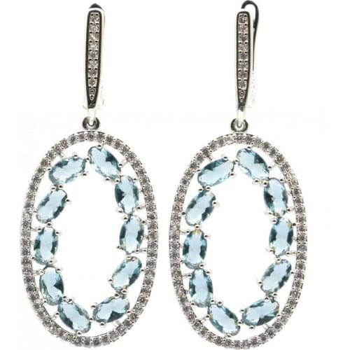 44x18mm Classic Created London Blue Topaz White CZ Wedding Womans Silver Earrings