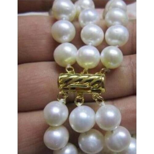 Noble jewelry Freshwater NEW 7.5-8" 9-10 MM white PEARL BRACELET 14k Three Strand Very AAA + White yellow Pearl Bracelet