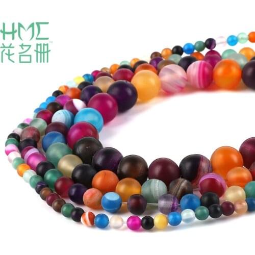 Colorful Natural Stone 4 6 8 10mm Dull Polish Matte Frosted Striped Banded Agates Stone Loose Beads for Jewelry Bracelet Making