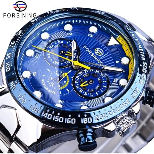 Forsining Blue Mens Watches Sport Steel Band 3 Sub Dial Date Week Waterproof Automatic Mechanical Watch Clock Relogio Masculino
