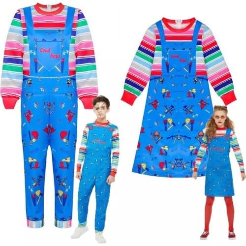 Kids Halloween Childs Play Chucky Cosplay Costume Boys Girls Cartoon Horror Ghost Doll 3D Printed Long Sleeve Jumpsuits Dress