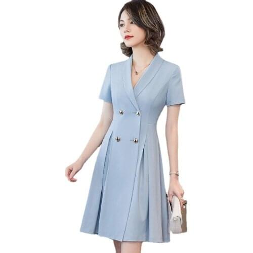 IZICFLY New Style Summer Slim Double Breasted Button Light Blue Dresses Fashion Elegant Women Business Office Work Wear
