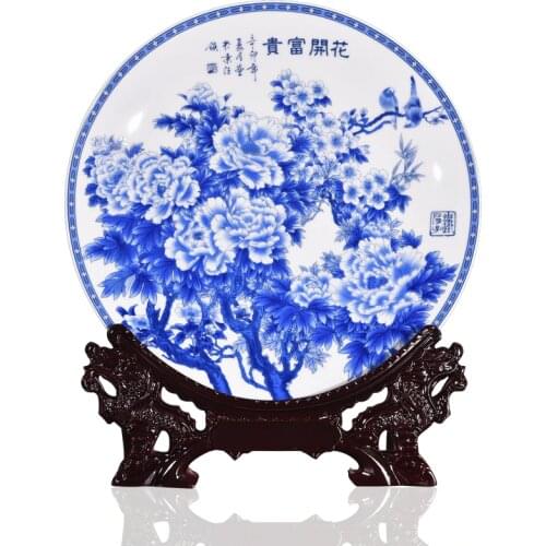 Modern Home Decor Ceramic Ornamental Plate Chinese Blue And White Flowers Decoration Plate Set Setting Wall