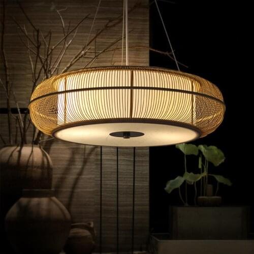 Bamboo Circular Pendant Lamps New China Restaurant Lamp Tea Room Living Room Study Bedroom Wood Crocheted Garden Pendant Lamps