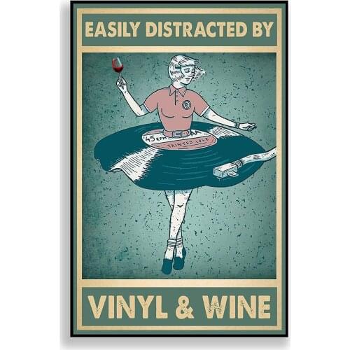 Metal Sign EASIL DISTRACTED BY VINYL WINEHome Living Room Bedroom Art Poster Wall Decoration Retro Square Metal Sign 8X12 Inch