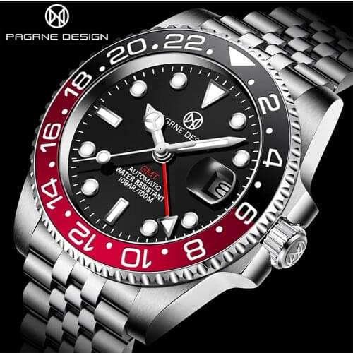 PAGRNE DESIGN Top Brand Mens Watch Sapphire Glass Stainless Steel Mens Mechanical Watch GMT100M Waterproof Automatic Watch