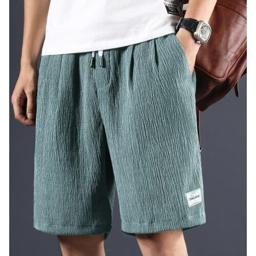 Men Casual Shorts Solid Color Breathable Lightweight Cotton Linen Drawstring Mid Rise Short Pants Knee Length Outdoor Shorts