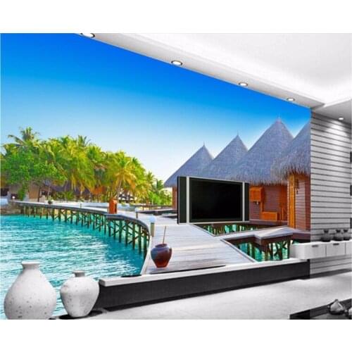 Wall paper 3d mural decor photo backdrop photography 3D stereo Wooden beach huts living room hotel coffee wall painting mural