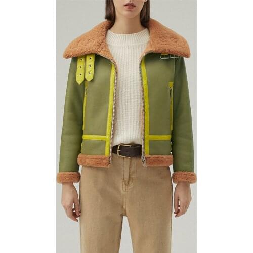 New Womens Shearling Jacket Natural Fur Coat Green Leather Jacket Warmest Winter Coats Short Sheepskin Coat