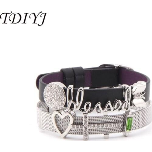 TDIYJ Newest Collection Reversible Stainless Steel Leather Wrappable Keeper Bracelet with Crystal Big Cross Slide Charms2Set