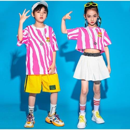 Hip Hop Clothes Pink Stripe Tops Shorts Kids Street Dance Costume Girls Jazz Cheerlead Performance Stage Outfit Rave Wear BL6033