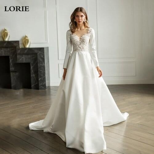 LORIE Elegant Lace Wedding Dresses Long Sleeve Satin Princess Bridal Gown Vestido de novia 2020 Buttons Back Wedding Gowns
