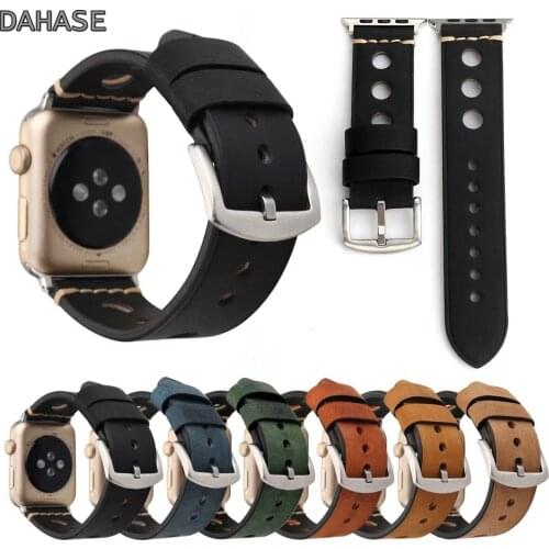 Round Hole Genuine Leather Band for Apple Watch iWatch Series 1 2 3 4 5 Strap Metal Buckle Retro Watchband 44mm 42mm 40mm 38mm