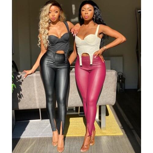 Sexy High Waist Leather Pants Women Autumn Winter Solid Color Front Split Hem Pencil Pants Fashion New Slim Fit Trousers S-2XL