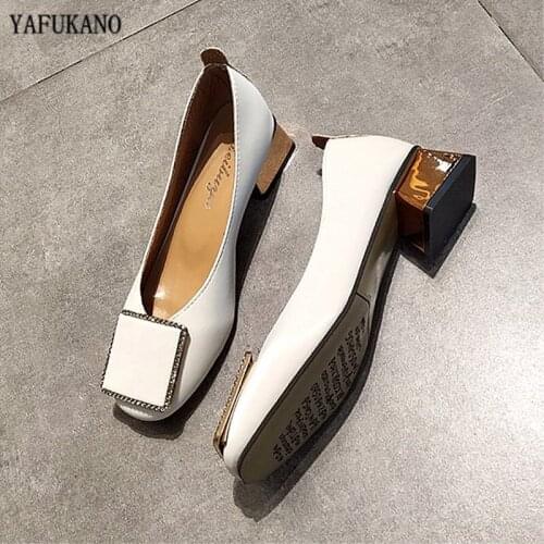 High Heels Square Heel Square Toe Leather Pumps Shoes Women Summer Autumn Shallow Mouth Casual Office Lady OL Shoes 4 cm Heel