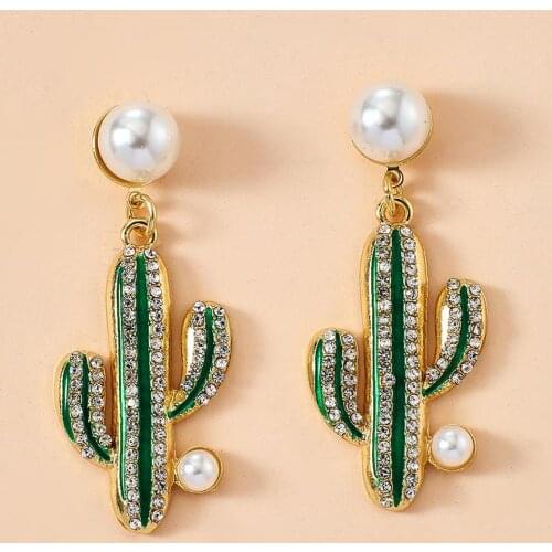 Fashion Women Faux Pearl Rhinestone Cactus Pendant Stud Earrings Party Jewelry Pendant Stud Earrings Party Jewelry Pendant Stud