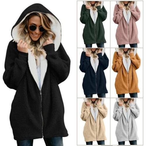 Women Winter Plus Size Warm Hooded Fluffy Coat Fleece Fur Jacket Loose New Hooded Zipper Cardigan Thickened Tops