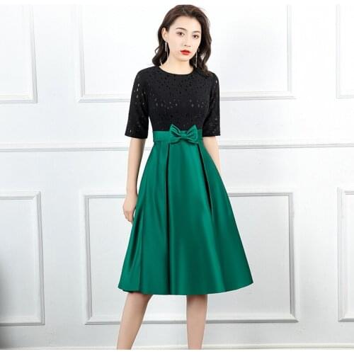 Women Half Sleeve Sexy Patchwork Chinese Dressing Gown Hollow Out Green Cheongsam Prom Party Dress With Bow Vestidos De Festa