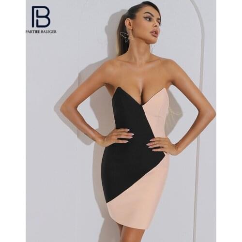 PB Chic Color Block Bandage Dress Sexy Sleeveless Strapless Celebrity Party Club Vestido Free Shipping