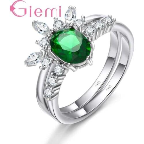 Wholesale Solid 925 Sterling Silver Green Oval Cubic Zirconia 2 Finger Rings Crystal Jewelry Present For Women Female Gift