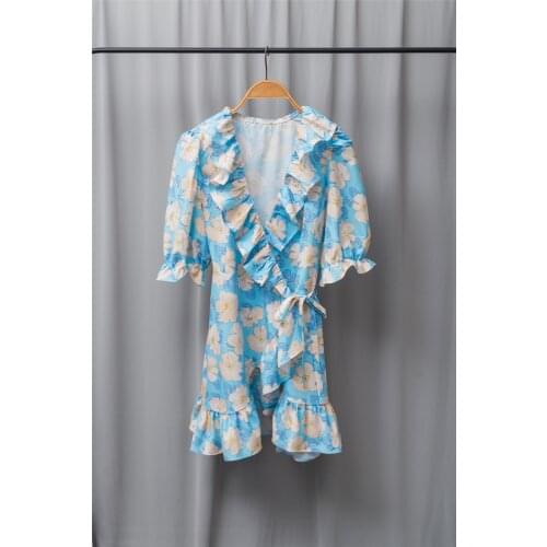 2021 Summer Dress for Women Floral Yellow Print Ruffled Mini Dress V-Neck Puff Sleeve Wrap Side Lace Up Waist Short Dress