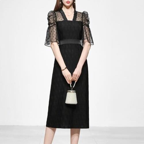 Vintage Black Polka Dot Midi Dresses for Women 2021 Summer Runway Designers A-line Slim Woman Dress Vestidos Mujer