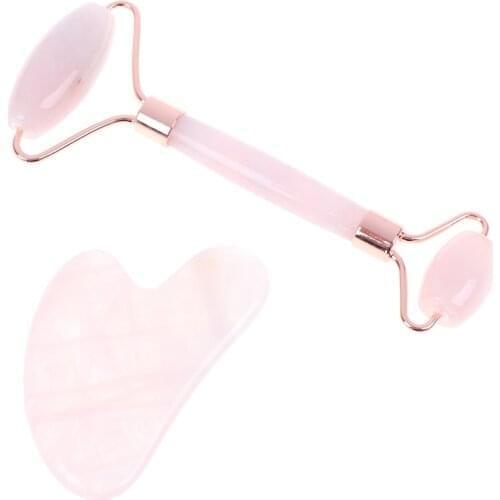 1 Set Facial Massage Crystal Roller Jade Roller Stone Natural Rose Beauty Skin Massage Tool (Jade Roller + Scraper)