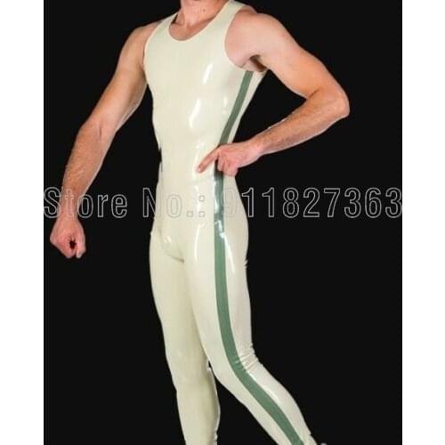 100% Latex Catsuit Rubber Gummi Sleeveless Bodysuit Unqiue Cool White and Army Green Stripe w Crotch zipper Customized