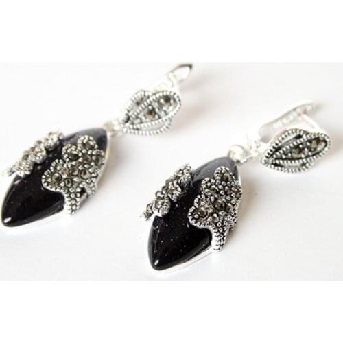 Free Shipping BLUE SANDjade MARCASITE FLOWER PIERCING 925 STERLING SILVER EARRINGS 1.5"