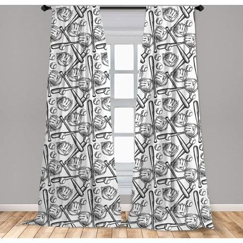 Baseball Curtain for Kids Room Sketch Style Monochrome Composition Vintage Bat and Glove Hand Drawn Lightweight Window Drapes
