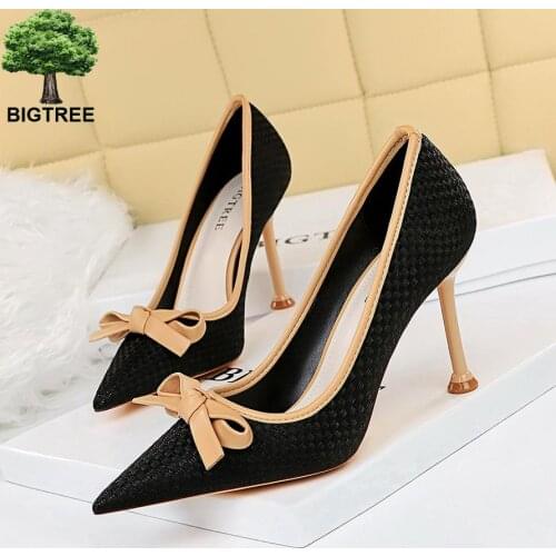 BIGTREE Shoes Woman Pumps Woven High Heels Women Shoes Bowknot Thin Heel 9.5cm Party Bridal Wedding Shoes Ladies Stiletto