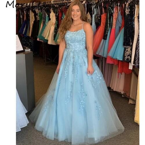 Baby Blue Evening Dresses Scoop Spaghetti Straps A-Line Lace Applique Soft Tulle Evening Dresses vestidos de fiesta de noche