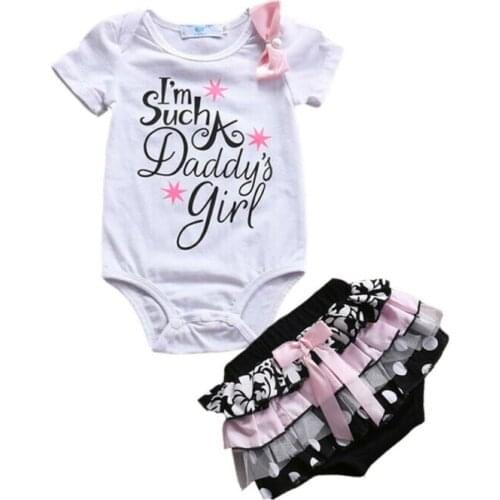 Sweet Newborn Kids Baby Girls Cotton Short Sleeve Tops Letter Print Romper +Short Bowknot Dress Pants Summer Outfits Clothes