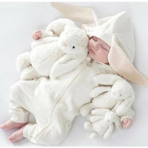 Cute Autumn Infant Baby Boy Girl Solid Long Sleeve Clotton Zipped Rabbit Ears Romper Jumpsuit Warm Autumn Clothes 0-24M