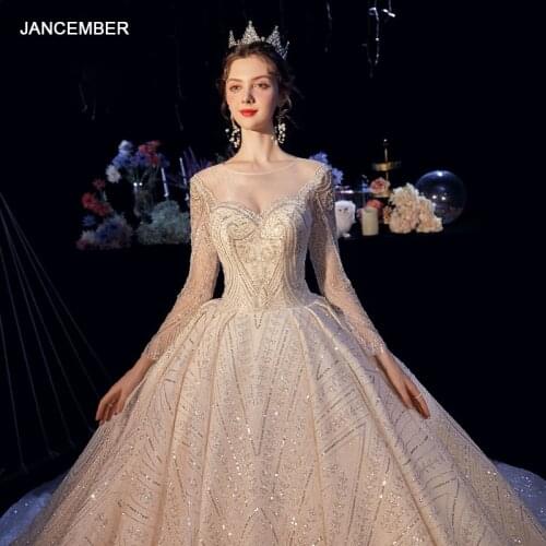 HLF37 Custom Made Wedding Dresses Luxury Long Sleeves O Neck New Beading Sequins Bridal Gowns Wedding Dresses 웨딩 فستان عرس