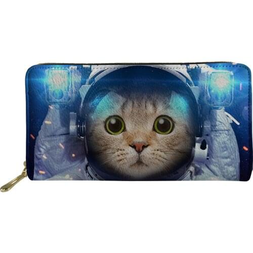 Cat Print Cute Long Wallets Women PU Leather Portable Coin Purse Astronaut Pattern Card Holder Clutch Wallet for Phone Money Bag