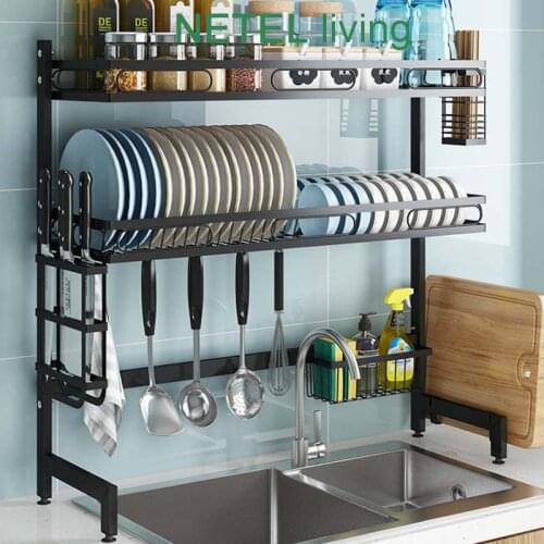 Over the Sink Dish Drying Rack 2 Tier Carbon Steel Dish Dryer Rack for Kitchen Organizer Storage Space Saver Shelf Black