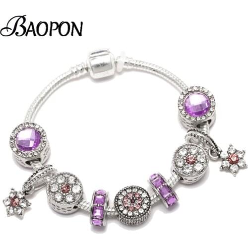 BAOPON Authentic Purple Charm Bracelets with Flower Beads Brand Bracelets Bngles for Women Lover Original Jewelry