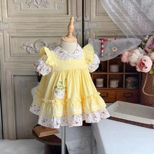 0-6Y Summer Vintage Princess Yellow Print Flowers Short Sleeve Dress For Bady Girls Birthday Party For Cute Child Turkey Dress