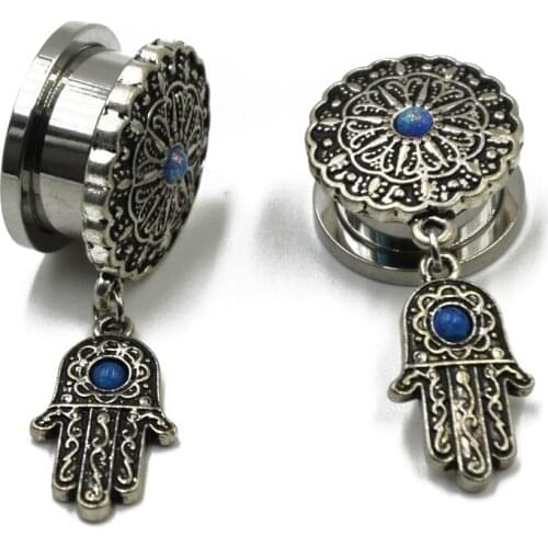 PAIR Antique Tribal Opal Hamsa Hand Earring Screw Fit Ear Flesh Tunnel Gauges Plug Expander Stretchers Body Piercing Jewelry