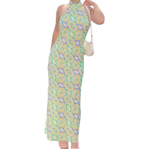 Sexy Women Summer Halterneck Dress Adults Slim Fit Printed Stand Collar Sleeveless Slit Dresses Green