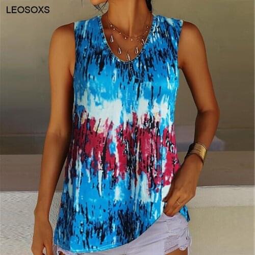 Loose Beach T Shirt Female 2021 New Summer Tie Dye Printed Round Neck Sleeveless Casual Vintage Vest Tops