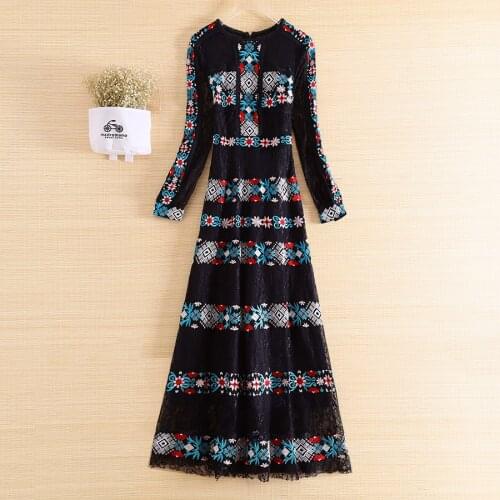 High-end Spring Women Dress Ethnic Style Retro Elegant Lady Embroidery Slim O-neck Cross Stitch Party Lace Dress Female S-XL