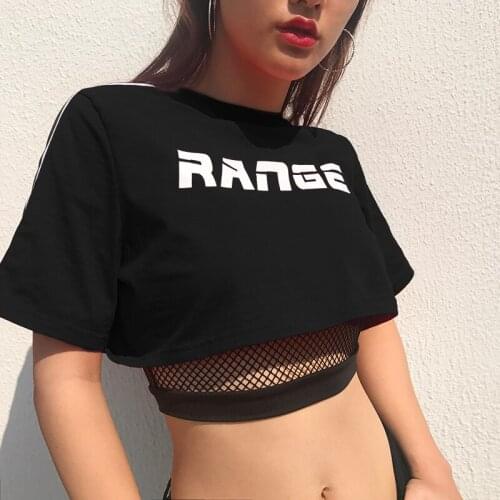 Fashion Letter Printed T-Shirt Women Summer Active Side Striped Loose Fitting Crop Top Short Sleeve O-Neck Wild Chic Shirt Top
