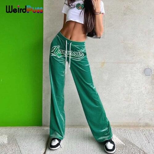 Weird Puss Letter Embroidery Straight Pants Velvet Women Drawstring High Waist Trousers Casual Baggy Wild Streetwear Sweatpants