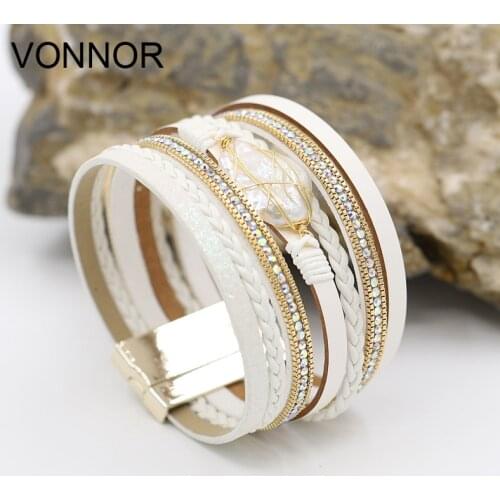 Women Bracelet Natural Irregular Pearl Multilayer Leather Weave Bracelets Jewelry Female Magnet Clasp Wrap Bangle Bracelet
