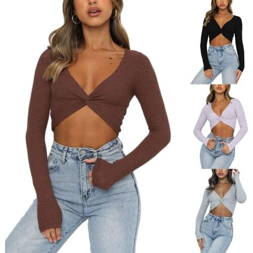 Female Crop Tops, Solid Color Deep V-Neck Long Sleeve T-Shirt Knitwear for Spring Summer, S/M/L 2021 New Fashion