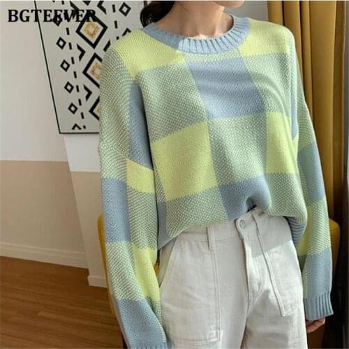 BGTEEVER Vintage O-neck Women Plaid Pullover Sweater 2020 Autumn Winter Knitwear Full Sleeve Loose Female Knitted Jumpers